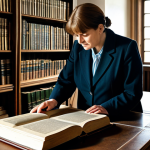A professional female genealogist in modest professional attire, gently examining a large, antique leather-bound book with delicate hands, possibly featuring old German Kurrentschrift, on a polished wooden table. The scene is set in a quiet, well-organized historical archive, with tall wooden shelves filled with old books and documents in the background. Soft, natural light streams in from a high window, illuminating dust motes. safe for work, appropriate content, fully clothed, professional, perfect anatomy, correct proportions, natural pose, well-formed hands, proper finger count, natural body proportions, high-resolution, professional photography, cinematic lighting, authentic atmosphere.