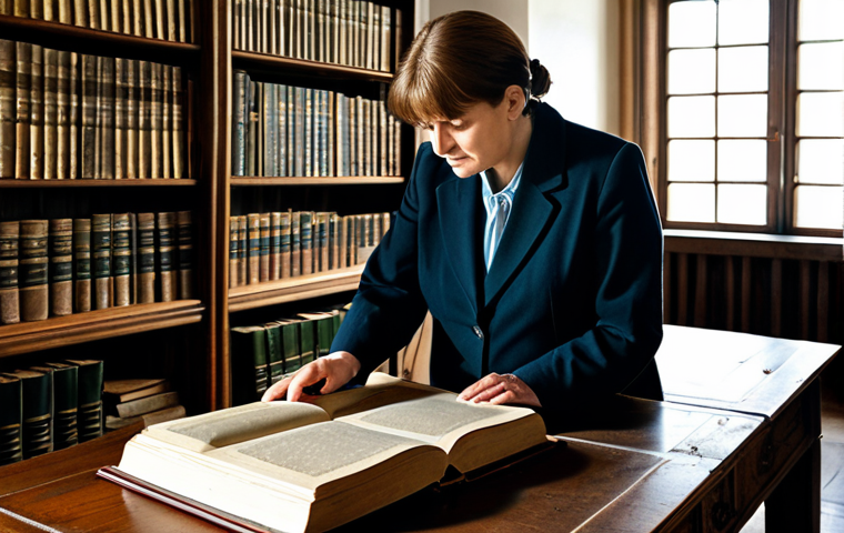 A professional female genealogist in modest professional attire, gently examining a large, antique leather-bound book with delicate hands, possibly featuring old German Kurrentschrift, on a polished wooden table. The scene is set in a quiet, well-organized historical archive, with tall wooden shelves filled with old books and documents in the background. Soft, natural light streams in from a high window, illuminating dust motes. safe for work, appropriate content, fully clothed, professional, perfect anatomy, correct proportions, natural pose, well-formed hands, proper finger count, natural body proportions, high-resolution, professional photography, cinematic lighting, authentic atmosphere.