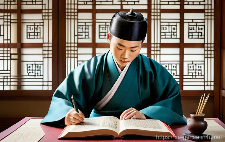 고려시대 족보 - **Prompt:** A highly detailed depiction of a respected Goryeo Dynasty scholar, dressed in traditiona...