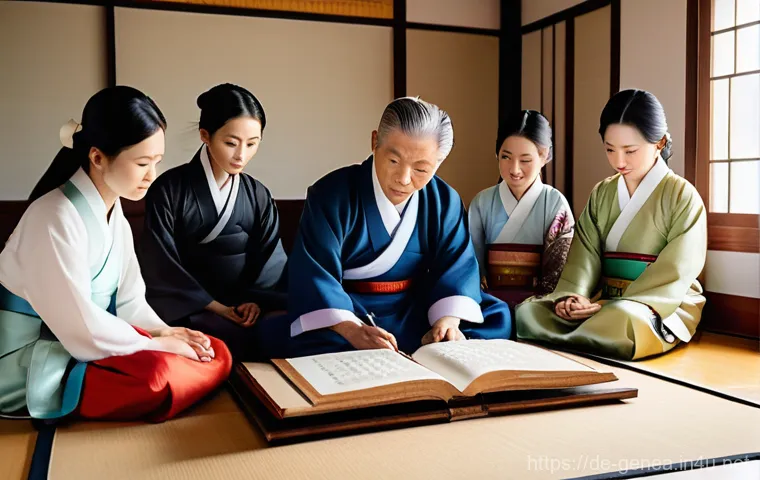 한국 성씨별 족보 - A multi-generational Korean family, dressed in comfortable modern-traditional fusion clothing, gathe...
