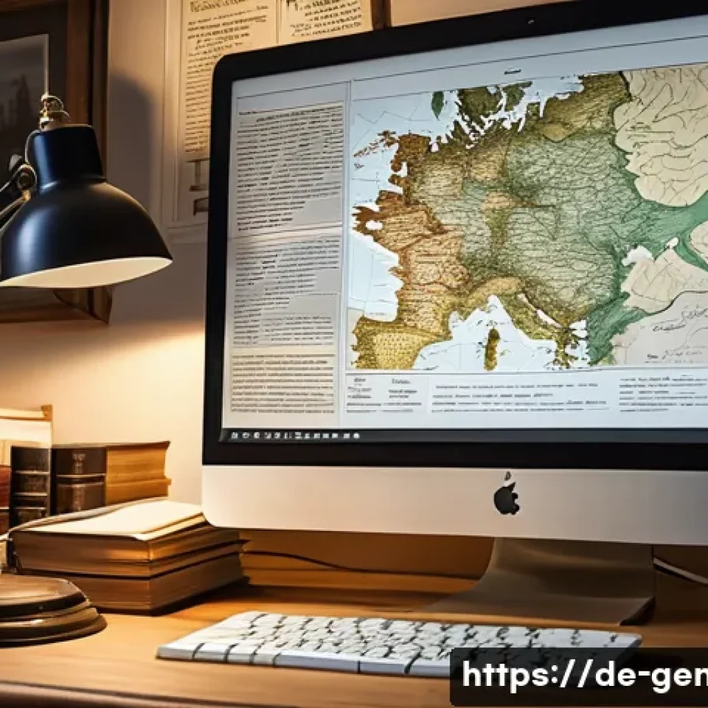 족보학 논문 - A detailed scene of a genealogist’s workspace in a cozy German study room, featuring a computer scre...