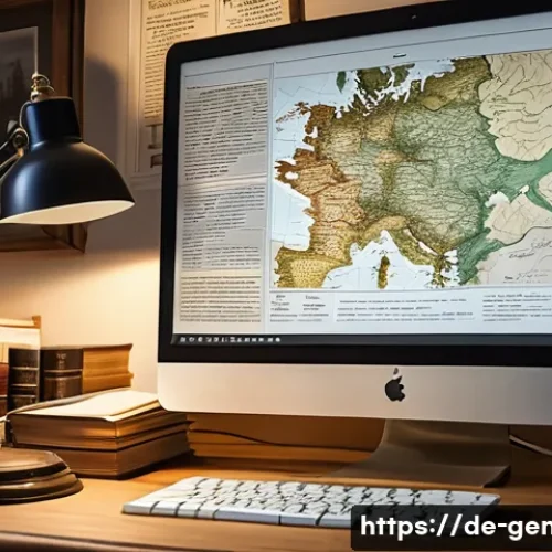 족보학 논문 - A detailed scene of a genealogist’s workspace in a cozy German study room, featuring a computer scre...