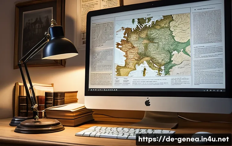 족보학 논문 - A detailed scene of a genealogist’s workspace in a cozy German study room, featuring a computer scre...