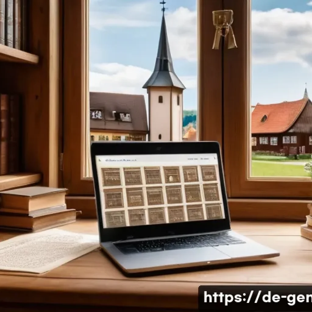 족보 관련 서적 - A cozy home office scene in modern Germany, featuring a middle-aged genealogist using a laptop with ...
