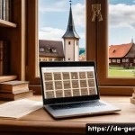 족보 관련 서적 - A cozy home office scene in modern Germany, featuring a middle-aged genealogist using a laptop with ...