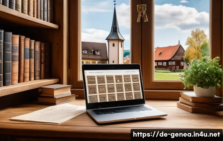 족보 관련 서적 - A cozy home office scene in modern Germany, featuring a middle-aged genealogist using a laptop with ...