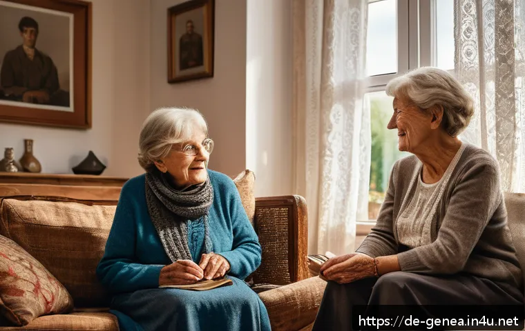 족보와 족보학 - A warm, cozy family living room scene in a traditional German home, featuring an elderly grandmother...
