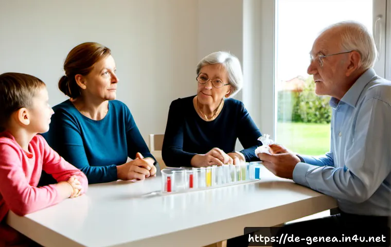 Home 17 가계 유전자 검사 - Photorealistic multigenerational German family gathered around a bright dining table in a modern Eur...
